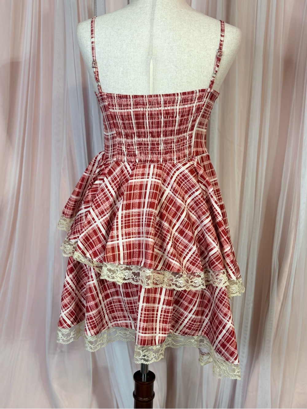 Red Plaid Lace Tiered Cottagecore Coquette Mini Dress Size M - Picture 9 of 16